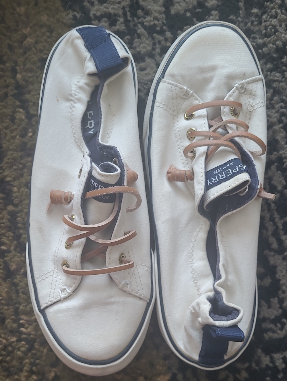 Sperry Womens  White Canvas Slip-On Sneakers with Tan Laces